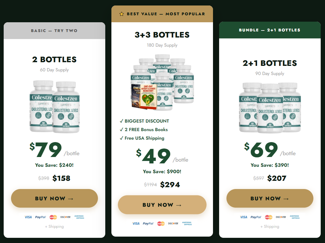 ColestZen pricing packages: 2, 3 and 6 bottle options